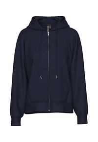Felpa con zip color navy realizzata in tessuto morbido, dotata di tasca frontale, cordini e polsini e orlo a coste.