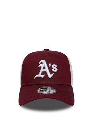 Gorra de béisbol granate con parte trasera de malla blanca y logo "A's" bordado en blanco en el frente, pegatina ajustable New Era en la visera.