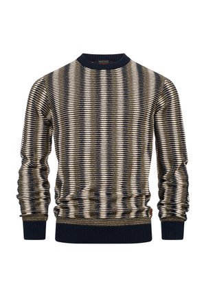 Strickpullover mit gestreiftem Muster in Marineblau und Creme, Rundhalsausschnitt, gerippte Ärmelbündchen und Saum sowie weicher Textur. Markenlabel am Hals.