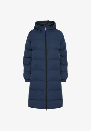 Tumedat sinine puhvjakate kapuutsiga, lukuga ees ja elastsete mansettidega. Valmistatud siledast materjalist, isoleerimiseks horisontaalsete tikanditega sektsioonidega.