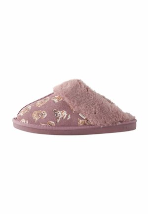 Pink slip-on slipper with a fluffy upper, fabric lining, and cute animal pattern. Soft texture and flat sole for comfort.