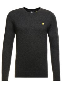 Maglione lavorato a maglia grigio scuro con maniche lunghe, scollo a rotondo e polsini e orlo a coste. Presenta un piccolo logo giallo sul petto.