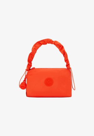Neon orange nylon handbag with a gathered handle, zip closure, and branded circular logo. Features a removable charm detail.