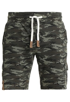 Camo cargo shorts in dark green and gray, featuring an elastic waistband with white drawstring and front cargo pockets.