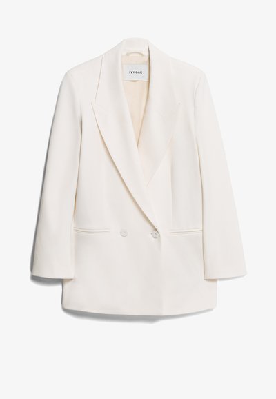 Valge topeltrinnaline bleiser teravate läbijoontega, kahe esikotsega ja siledast tekstuurist. Sildil on kiri "IVY OAK."