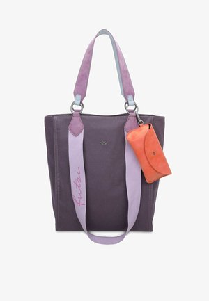 Borsa di tela in viola scuro con manici viola chiaro e blu. Presenta una piccola borsa arancione attaccata, con la parola "futzi" in rosa.
