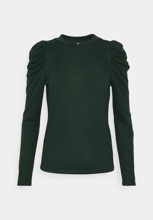 Mörkgrön långärmad topp med rund halsringning och rynkade puffärmar. Tillverkad av ett mjukt tyg med en slät textur.