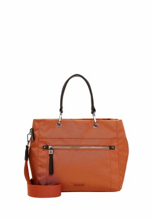 Orange nylon handbag with a zippered front pocket, silver hardware, dual top handles, and a detachable shoulder strap.