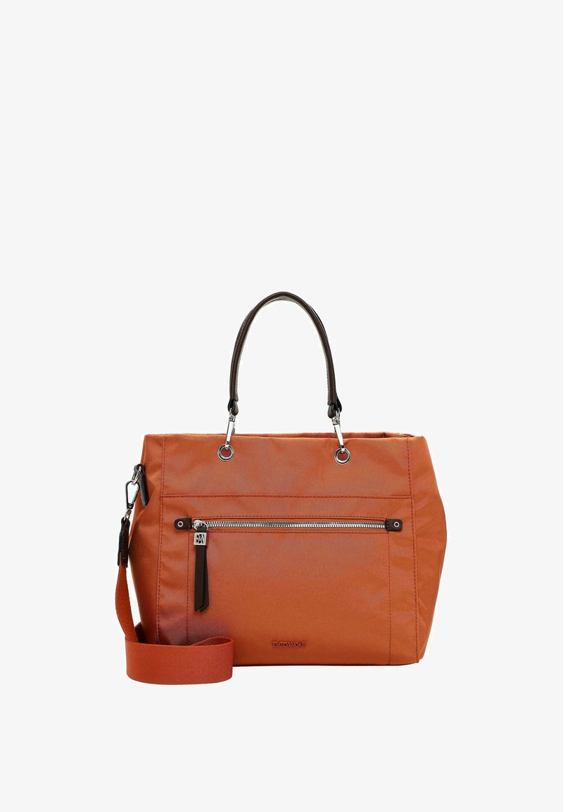 Orange Nylon-Handtasche mit einem Reißverschluss-Frontfach, silberner Hardware, zwei Obergriffen und einem abnehmbaren Schulterriemen.