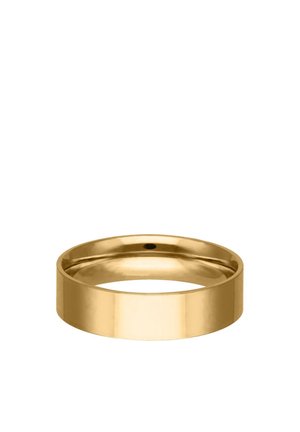 Gold-colored metal ring with smooth, polished surface and flat edges shown against a white background.