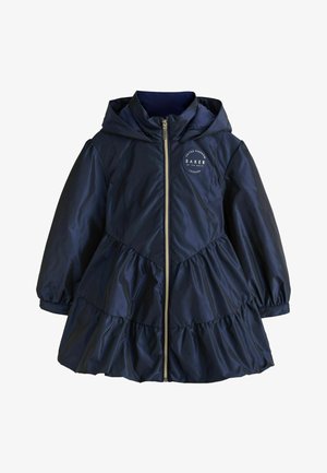 Marineblauer Kapuzenmädchenmantel mit Frontreißverschluss, gerafftem Stufenrock-Design und rundem Logo auf der Brust.