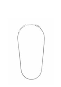 Silberne Metallkette mit einem flexiblen, glatten Design. Sie verfügt über einen dezenten Kettenverschluss und hat insgesamt ein elegantes Aussehen.