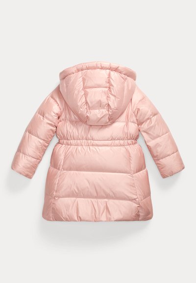 Padded pink down coat with a hood, featuring a cinched waist, long sleeves, and quilted texture on the fabric.