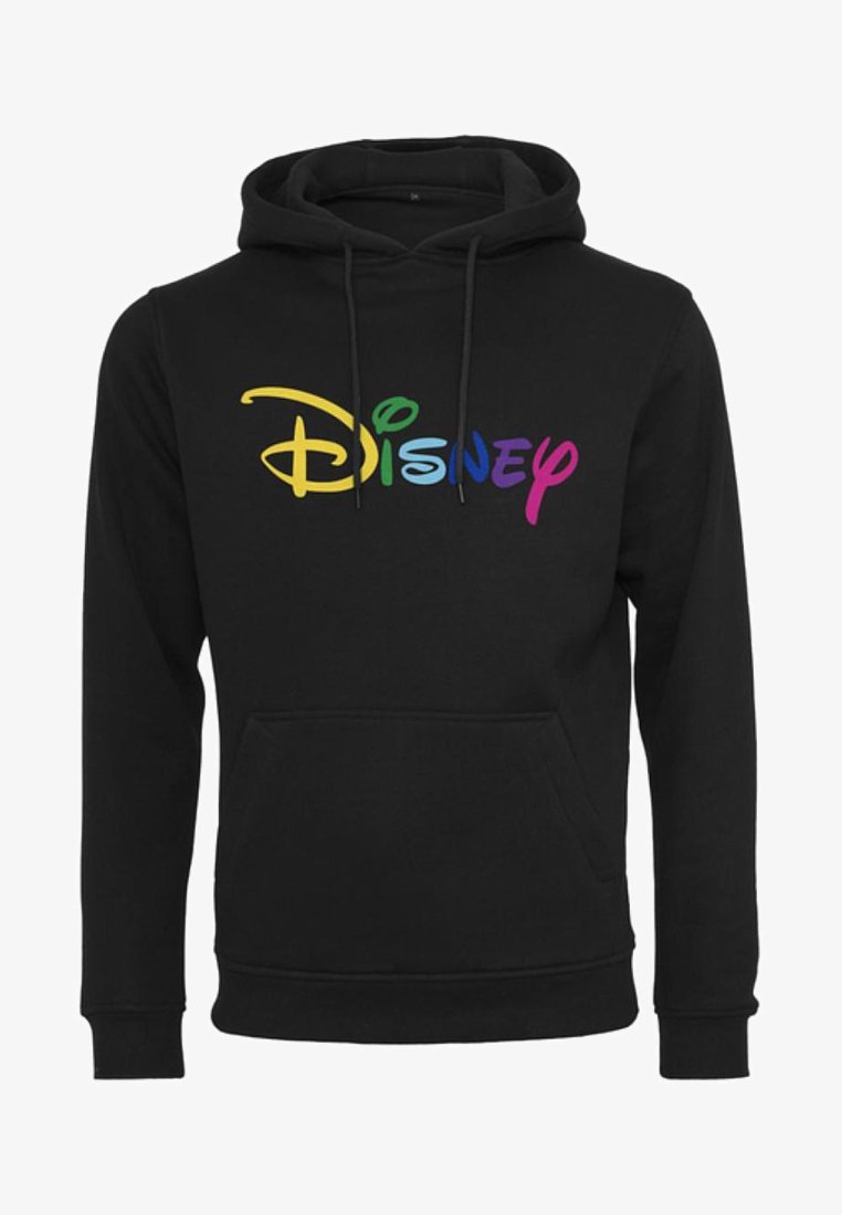 Haut à capuche noir en mélange de coton avec une poche avant. Le logo "Disney" en lettres multicolores sur la poitrine.