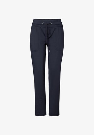 Námořnické modré joggingové kalhoty vyrobené z měkké tkaniny, s elastickým pasem, šňůrkovým uzávěrem a dvěma předními kapsami.