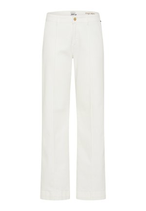 Pantalon blanc à jambes droites avec passants de ceinture, pli avant, braguette zippée et fermeture par bouton doré.