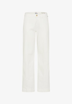 Pantalon blanc à jambes droites avec passants de ceinture, pli avant, braguette zippée et fermeture par bouton doré.