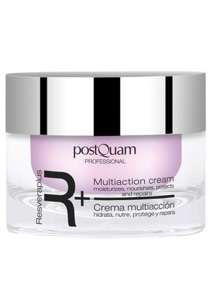Pot de crème multi-actions PostQuam Professional Resveraplus R+ avec couvercle argenté, hydratant, nourrissant, protecteur et réparateur pour la peau.