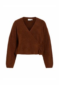 Brązowy, krótki sweter typu wrap wykonany z miękkiej, teksturowanej tkaniny. Posiada głęboki dekolt w kształcie litery V oraz wiązanie z boku i długie rękawy.