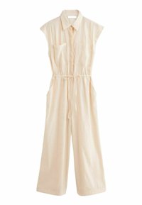 Une combinaison sans manches beige avec un col, deux poches frontales et une taille élastique. Fabriquée en tissu léger, coupe ample.