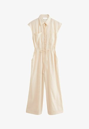 Béžový overal bez rukávů s límečkem, dvěma předními kapsami a elastickým pasem. Vyrobeno z lehké tkaniny; volný střih.