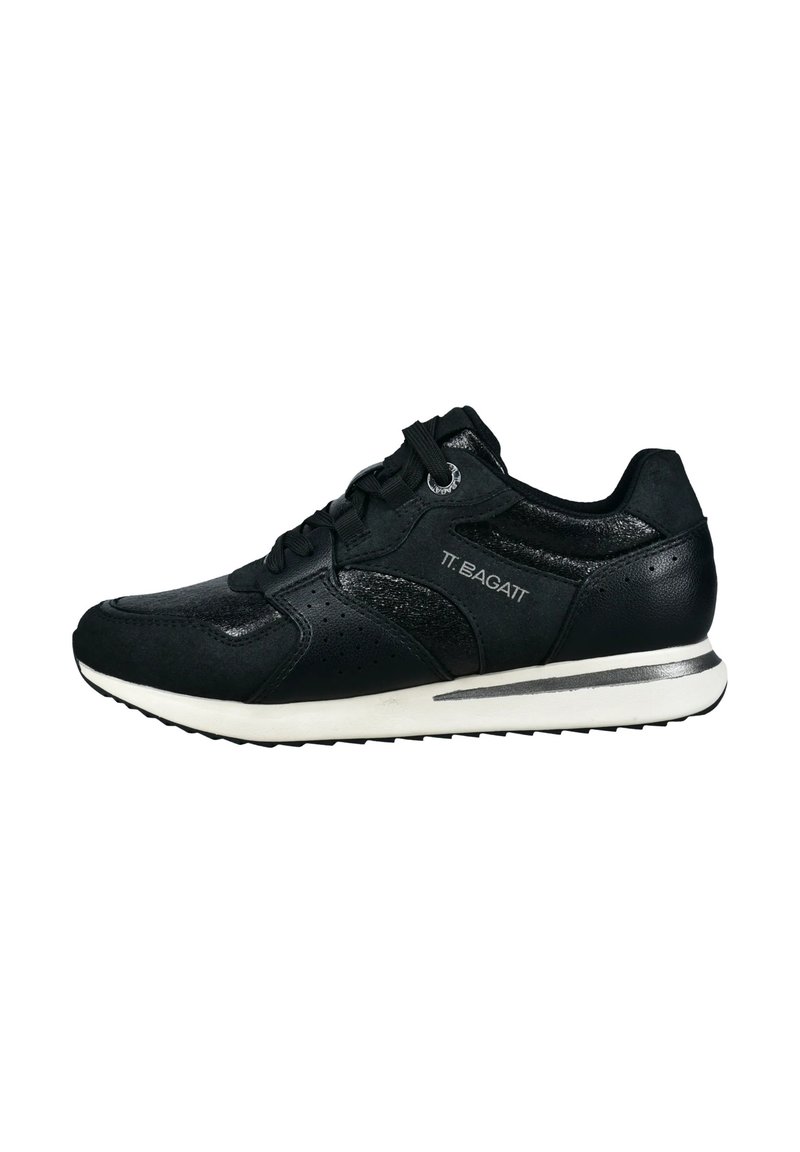 Schwarzer Sneaker aus Leder und synthetischen Materialien; verfügt über Perforationen, Schnürsenkel und eine weiße Gummisohle mit einem metallischen Akzent.