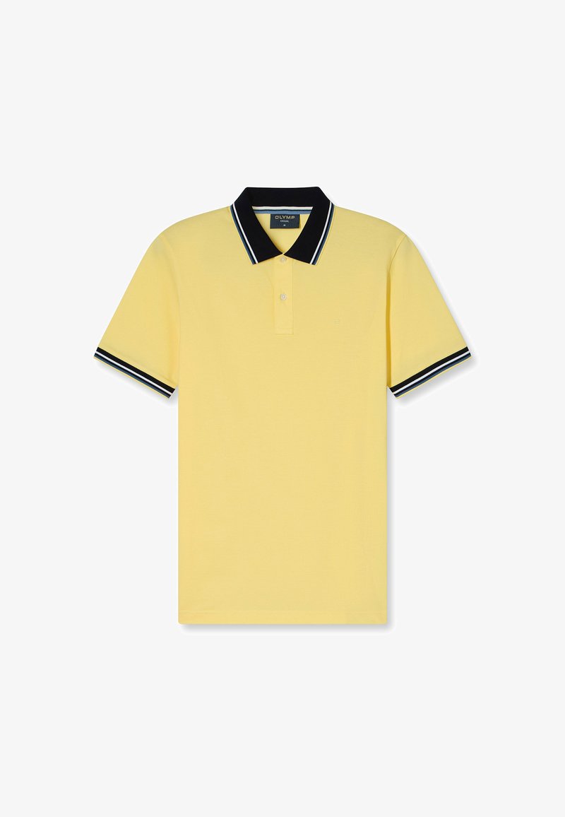 Geel polo shirt met een zwart-witte gestreepte kraag en manchetten. Gemaakt van een gladde stof, met een knoopsluiting met twee knopen en een logo-detail.