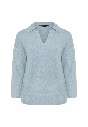 Jasnoniebieski sweter w serek z kołnierzykiem, wykonany z miękkiej, teksturowanej tkaniny, z długimi rękawami i prostym dołem.