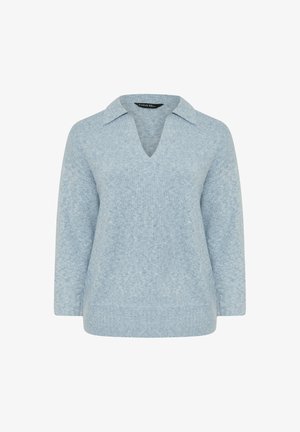 Lyseblå V-hals sweater med krave, lavet af blødt, tekstureret stof, med lange ærmer og lige søm.