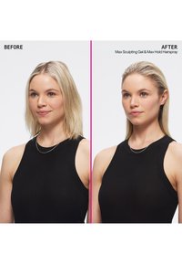 Twee naast elkaar geplaatste afbeeldingen die het haar van een vrouw tonen. Links: los, lichtblond, licht golvend. Rechts: gestyled, glad, sleek, met een glanzende afwerking.