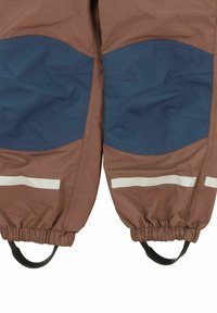 Braune isolierte Hosen mit blauen Akzenten, elastischen Bündchen und reflektierenden Streifen. Verfügt über zusätzliche Riemen an den Säumen für einen sicheren Sitz.