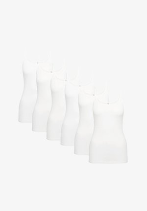 Zes witte tanktops van lichtgewicht stof, met dunne bandjes en een aansluitend ontwerp. Glad textuur zonder zichtbare patronen of accenten.