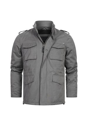 Šedá vojenská bunda ve stylu s předním zipem, čtyřmi předními kapsami, nášivkami na ramenou a strukturovaným límcem. Texturovaná tkanina.