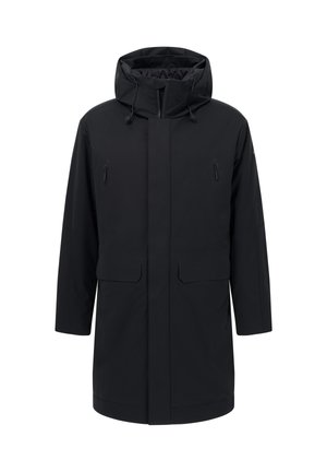 Giacca impermeabile nera con ampio cappuccio, zip frontale, due tasche laterali e design minimalista con finitura leggermente strutturata.