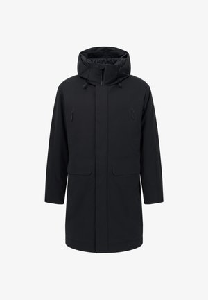 Černá nepremokavá bunda s velkou kapucí, předním zipem, dvěma bočními kapsami a minimalistickým designem s jemně texturovaným povrchem.