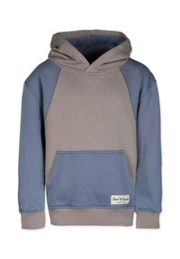 Huppari vaaleanharmaana ja sinisenä, jossa on etutasku, ribbireunat ja sileä pinta. Korostustunnistus helman kohdalla.