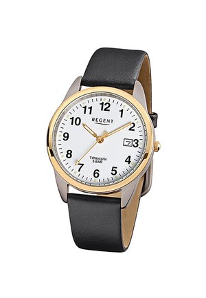 Montre avec cadran blanc rond, chiffres noirs, boîtier doré, bracelet en cuir noir et affichage de la date à 3 heures, marquée "Regent Titanium 5 BAR".