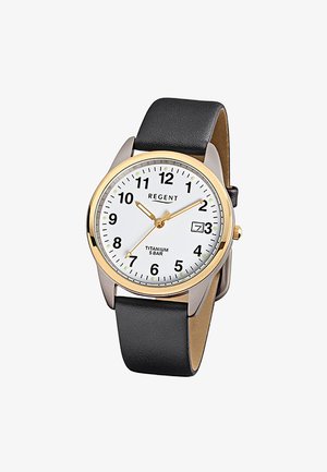 Montre avec cadran blanc rond, chiffres noirs, boîtier doré, bracelet en cuir noir et affichage de la date à 3 heures, marquée "Regent Titanium 5 BAR".