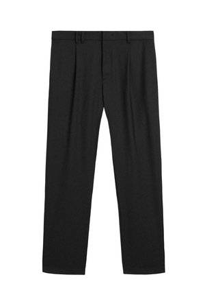 Black pleated trousers made from a smooth fabric, featuring a traditional waistband and straight-leg design. No visible patterns or hardware.