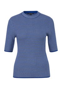 Blue knitted short-sleeve top with a textured pattern and a ribbed round neckline. Features contrast trim along the sleeves and hem.