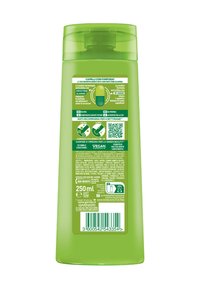 Bottiglia di shampoo in plastica verde con coperchio a ribalta. Presenta informazioni sul prodotto su un'etichetta bianca e un codice a barre in basso. Capacità di 250 ml.