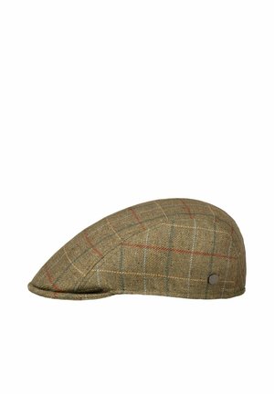Brown tweed flat cap with a checked pattern in red and blue lines, viewed from the side against a plain white background.