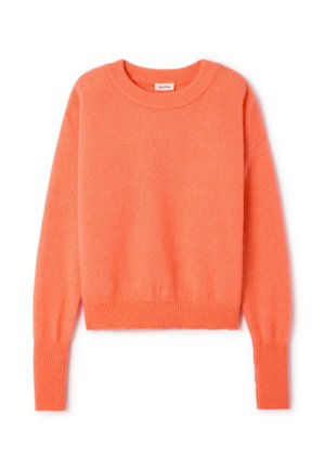 Koralno narančasti pulover od mekanog materijala. Ima okrugli izrez, dugačke rukave i rebraste manžete te rub. Klasični kroj skraćene duljine.