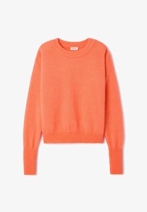 Koralno narančasti pulover od mekanog materijala. Ima okrugli izrez, dugačke rukave i rebraste manžete te rub. Klasični kroj skraćene duljine.