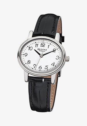 Montre-bracelet ronde en argent avec cadran blanc, chiffres arabes noirs, bracelet en cuir noir, affichant l'heure 10:10:35 et la marque Regent.