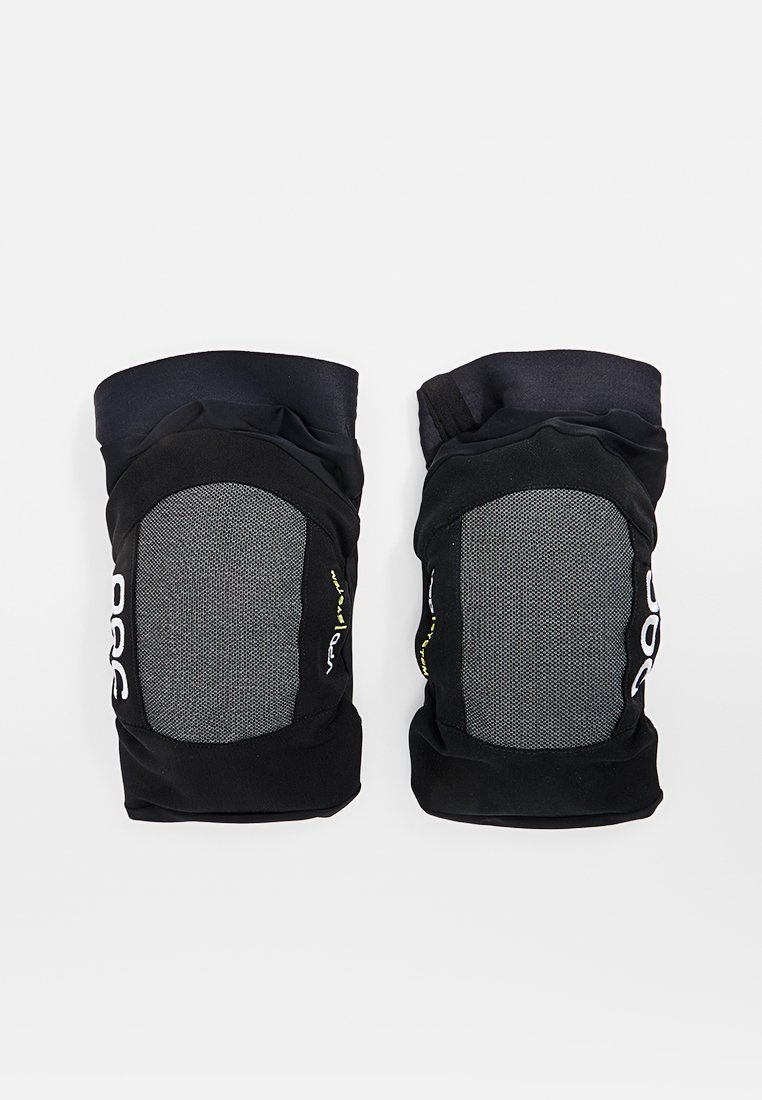 Schwarze Knieschützer mit Mesh-Einsätzen, elastischem Gewebe und gelben Akzenten. Entworfen für Schutz mit strukturiertem Polster auf der Vorderseite.