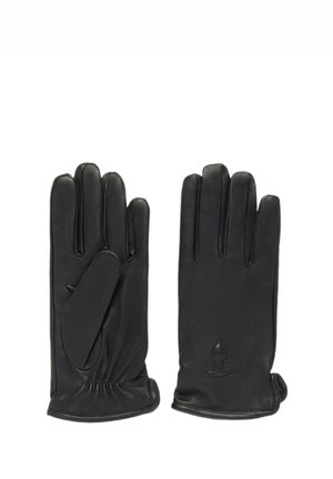 Gants en cuir noir à cinq doigts, poignet froncé et texture lisse. Présentent un logo discret sur la zone du poignet.