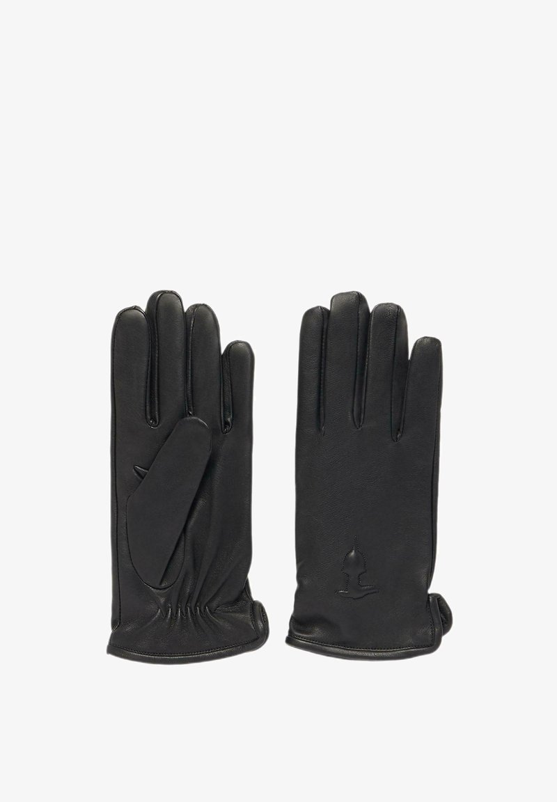 Guanti in pelle nera con cinque dita, polso arricciato e una texture liscia. Presentano un logo discreto nell'area del polso.