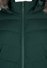 Giacca puffer verde scuro con chiusura a zip, cuciture orizzontali e cappuccio rimovibile foderato in pelliccia. Texture liscia con imbottitura isolante.