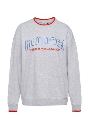 Gray sweatshirt featuring a red accent at the collar and cuffs, with blue and red "hummel PERFORMANCE" text across the front.